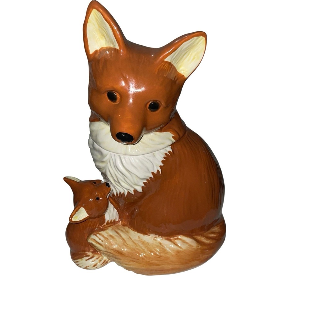 Vintage Cracker Barrel Cookie Jar Harvest Red Mama Fox W/ Baby 12"